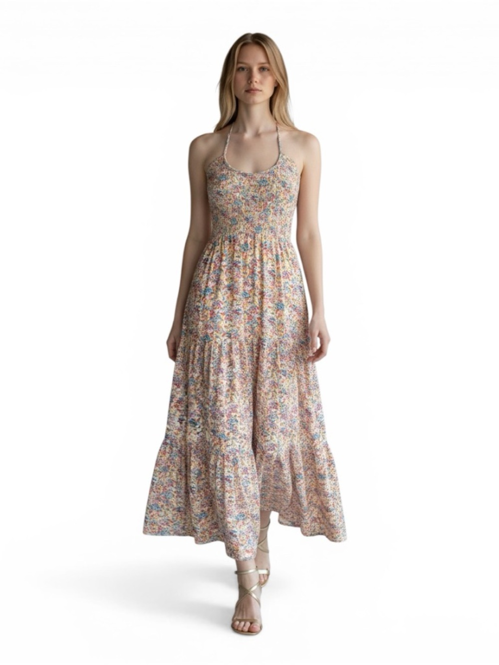 Nation LTD Floral Smocked Maxi Dress Small Boho Halter Tiered Sundress